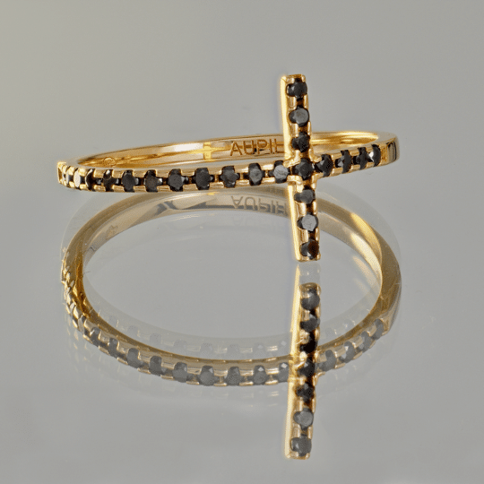 bague croix or rose et diamants noirs or recyclé 18 carats aupiho joaillerie bague croix or rose et diamants noirs or recyclé 18 carats aupiho joaillerie